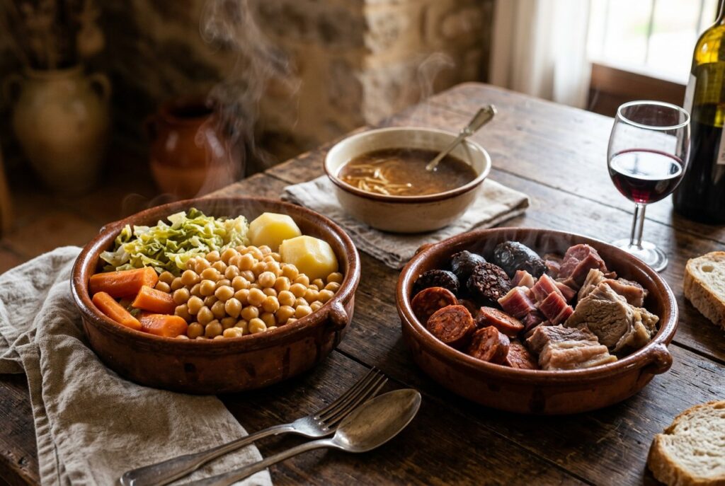 Cocido de pueblo con preparado de cocido, chorizo y morcilla de chimenea