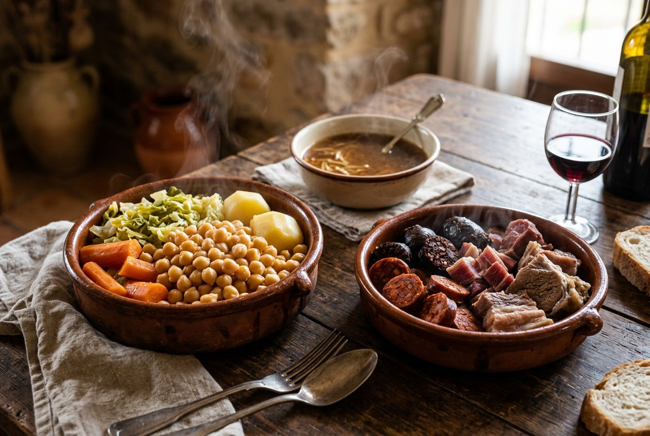 Cocido de pueblo con preparado de cocido, chorizo y morcilla de chimenea