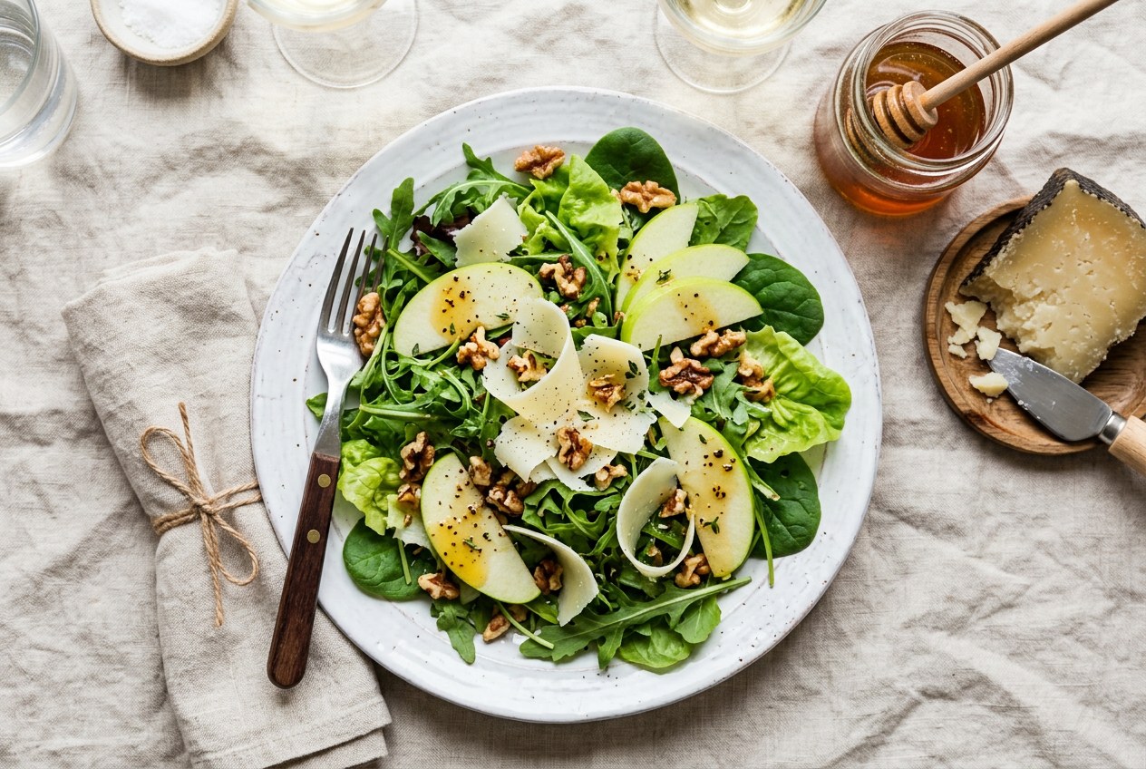 Ensalada de queso de oveja curado con nueces, manzana y miel