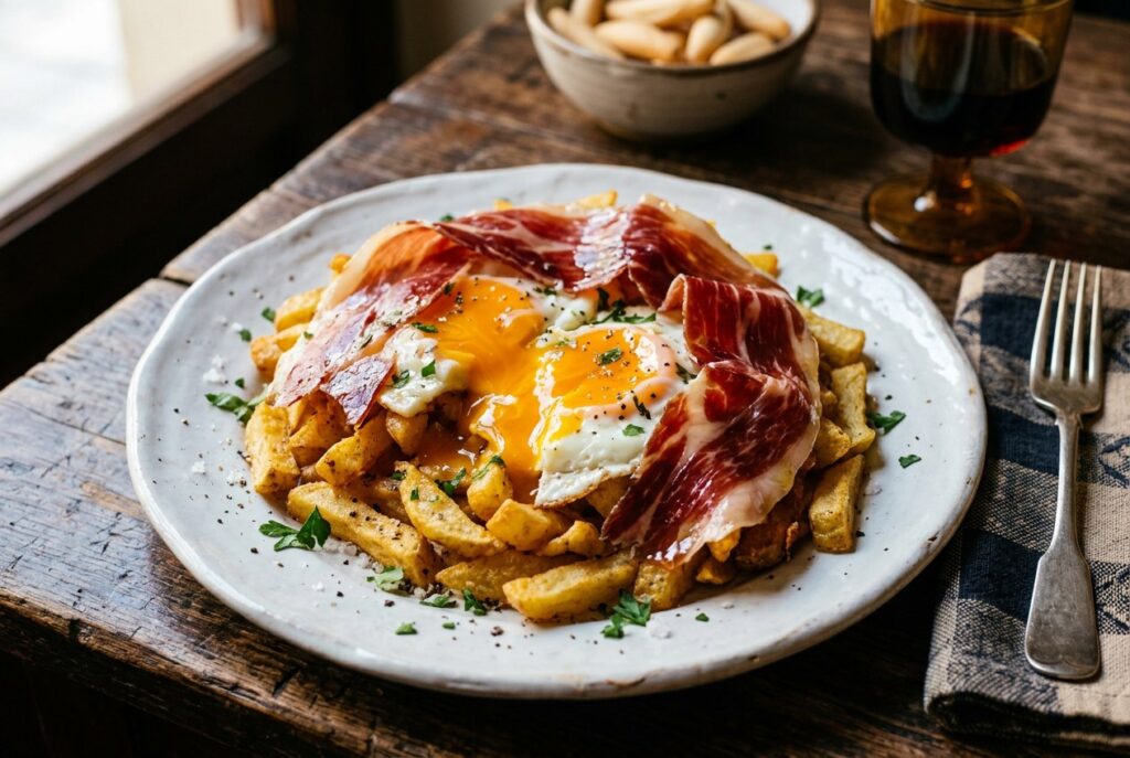 Huevos rotos con jamón ibérico de cebo y patatas fritas