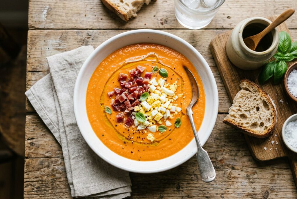 Salmorejo cordobés con jamón ibérico y huevo duro
