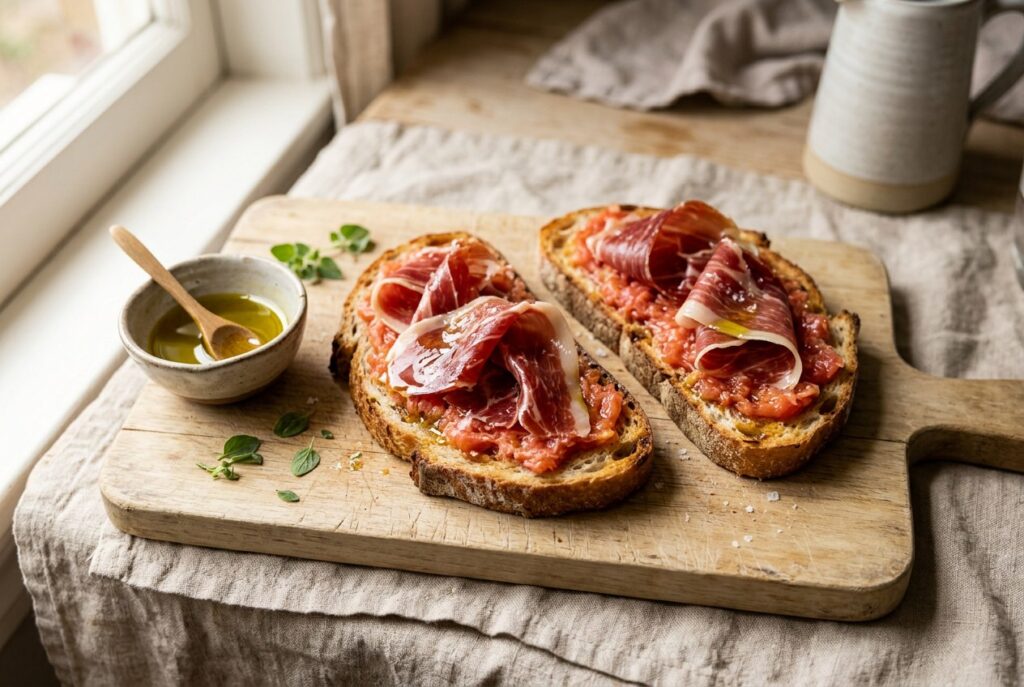 Tosta de jamón Gran Reserva con tomate rallado y aceite de oliva